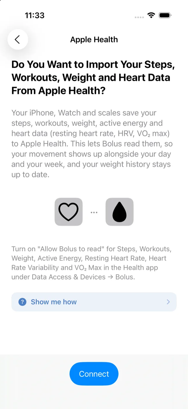 The Exercise connection screen, listing what Bolus reads from Apple Health