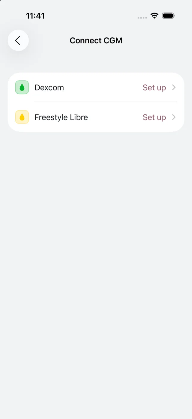 The Connect CGM screen, offering FreeStyle Libre and Dexcom