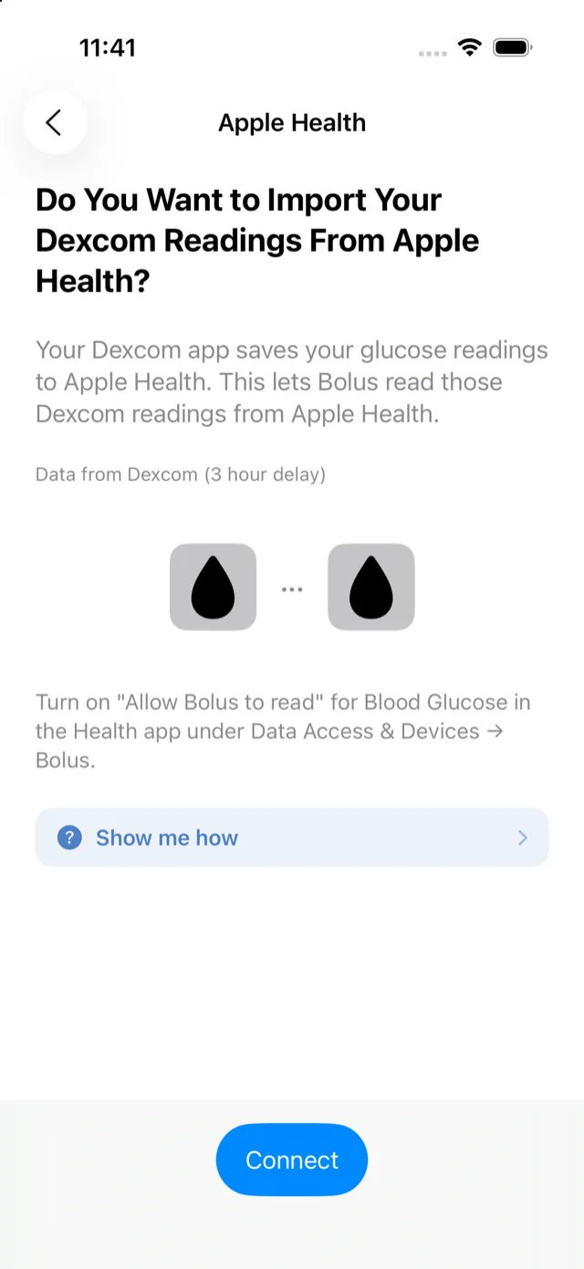 The Dexcom connection screen in Bolus