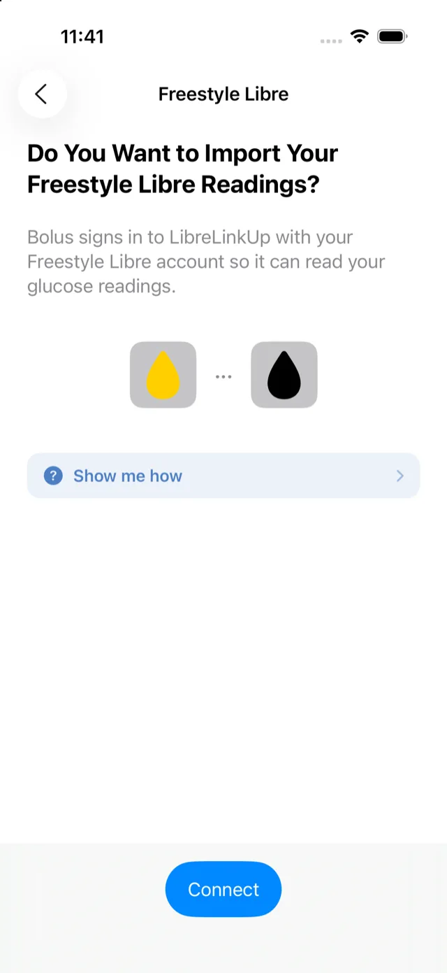 The FreeStyle Libre connection screen in Bolus