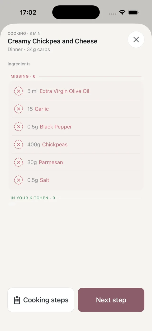 The ingredient view inside the cook flow, listing six missing ingredients