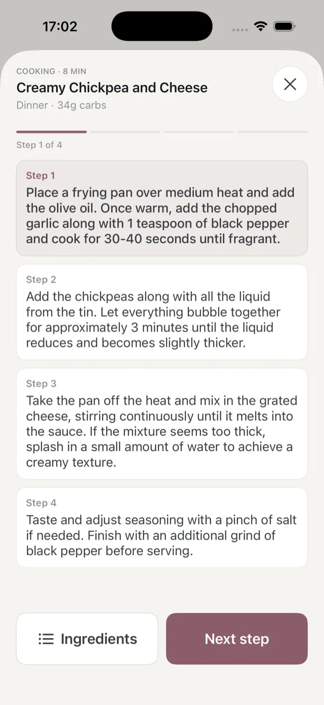 The cook flow, showing the four numbered method steps with a progress bar