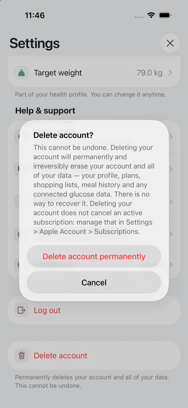 The delete account confirmation, spelling out what is erased