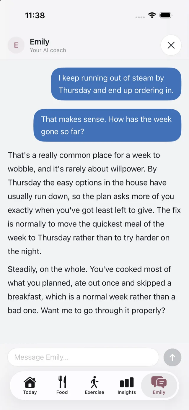 A conversation with Emily, with her reply in the thread and the message box underneath