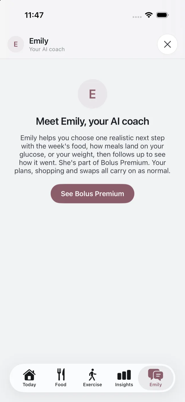 The Emily tab on the free tier, introducing her and offering Bolus Premium