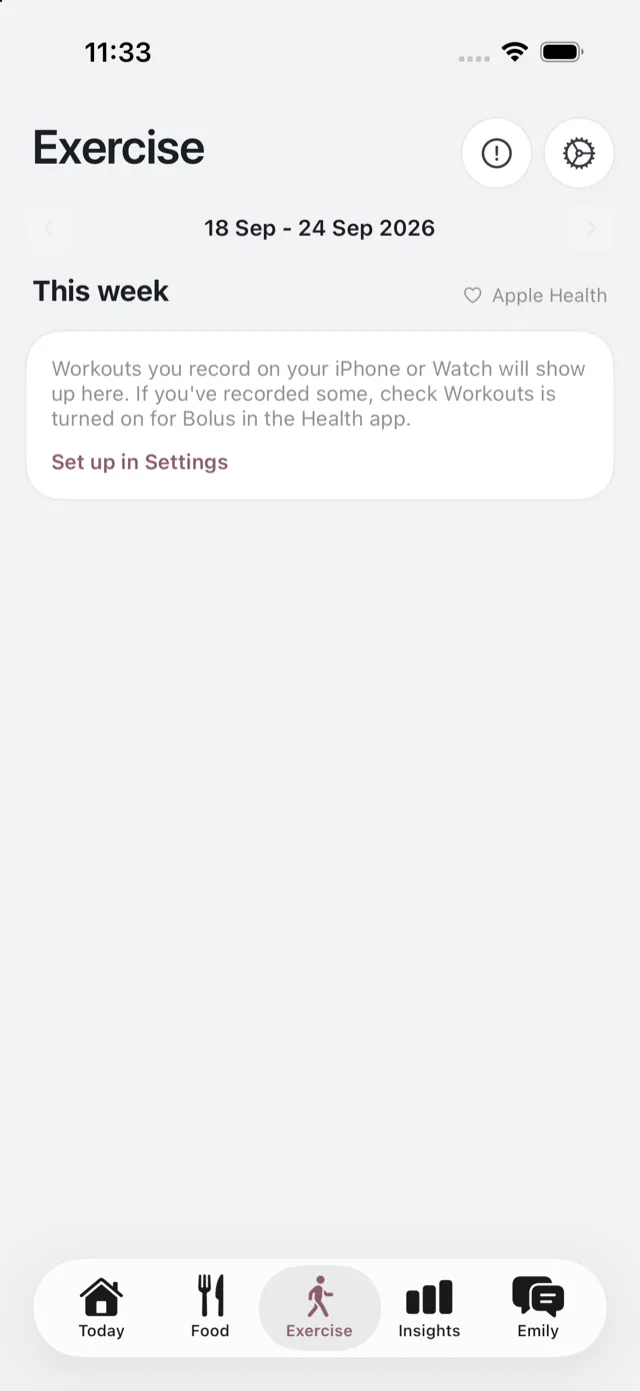 The Exercise tab before Apple Health is connected