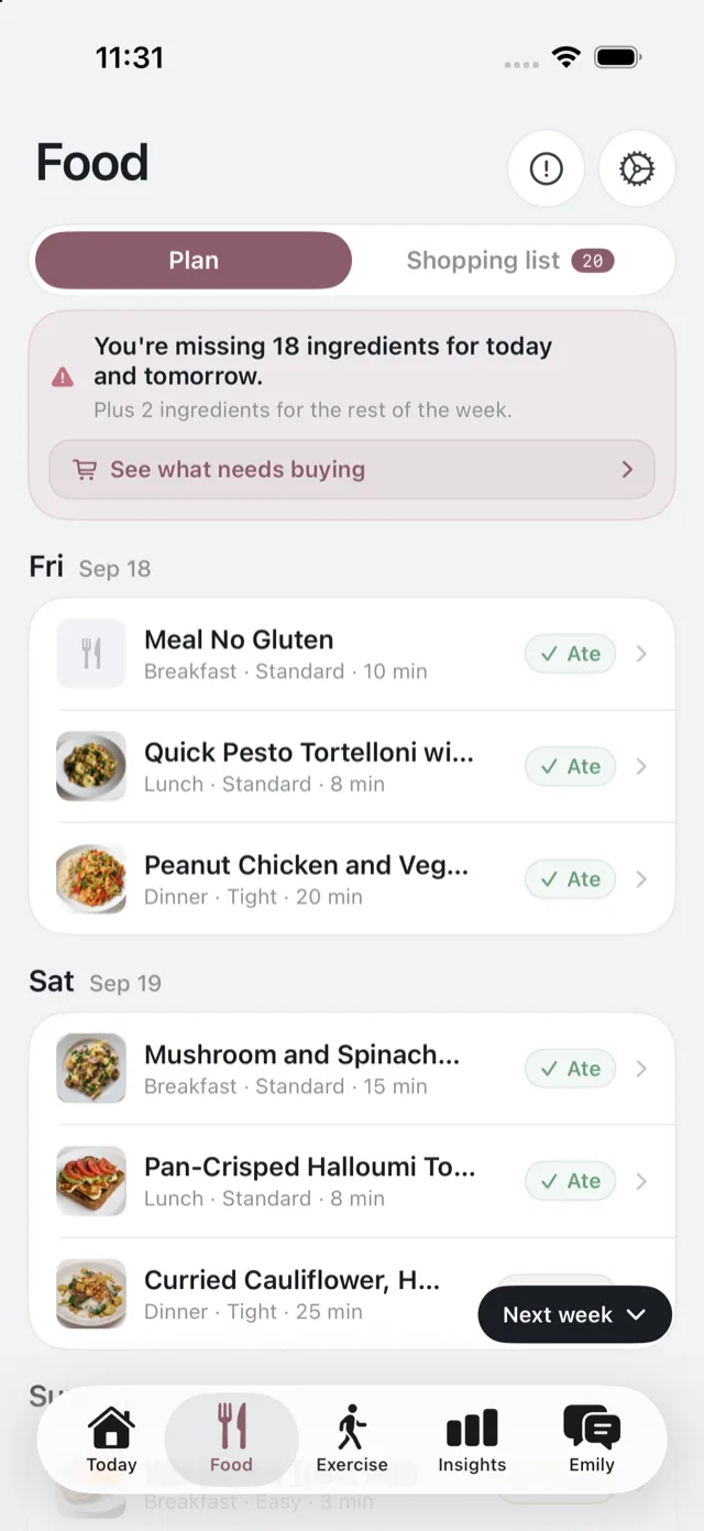 The Plan segment of the Food tab, showing days laid out with meal rows and their statuses