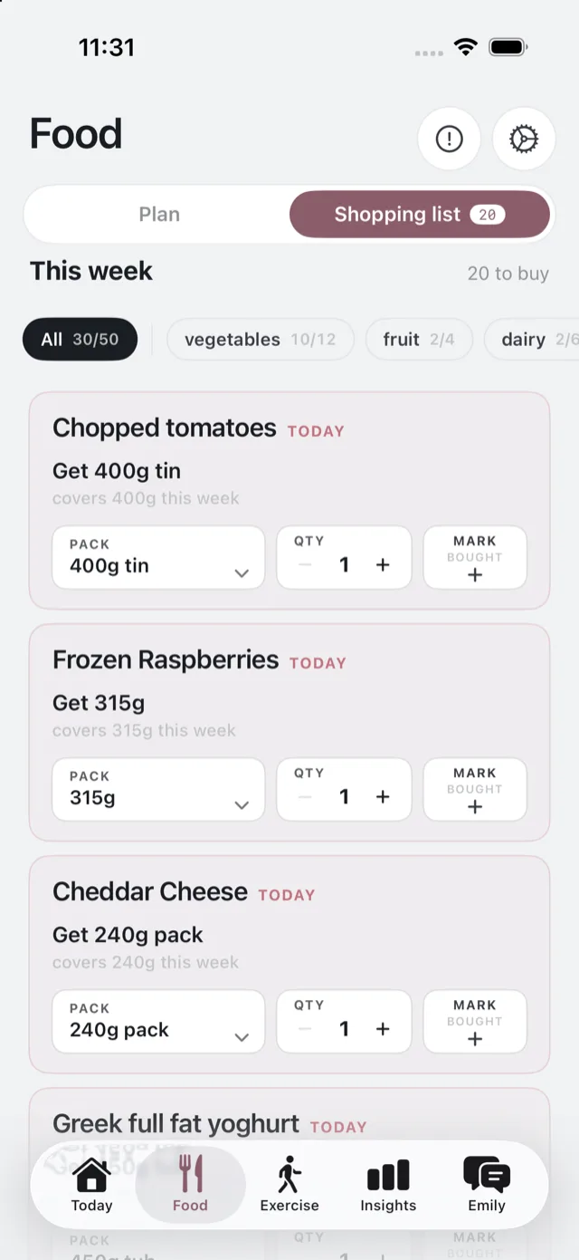 The Shopping list segment of the Food tab, showing items with pack pickers and Mark bought buttons