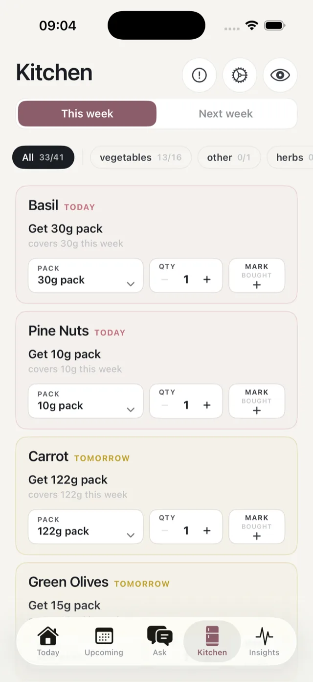 The Kitchen tab, showing shopping items with pack sizes and a Mark bought button