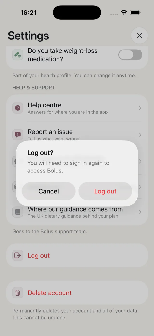 The log out confirmation, explaining you will need to sign in again