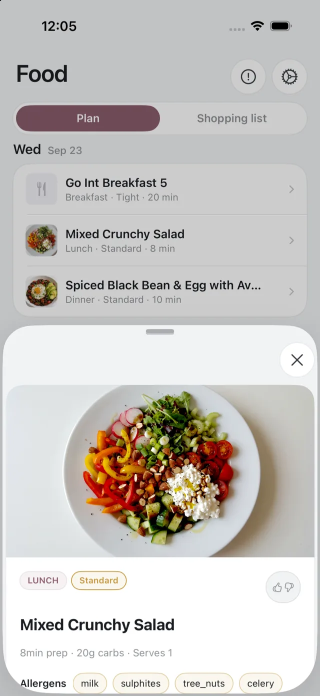 A meal opened up, showing its allergen chips, prep time, carbs and servings