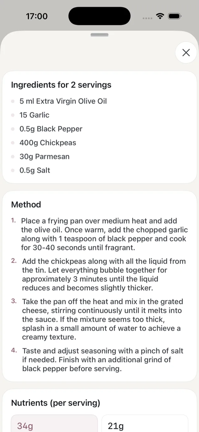 A meal opened up, showing ingredients for two servings and the numbered method