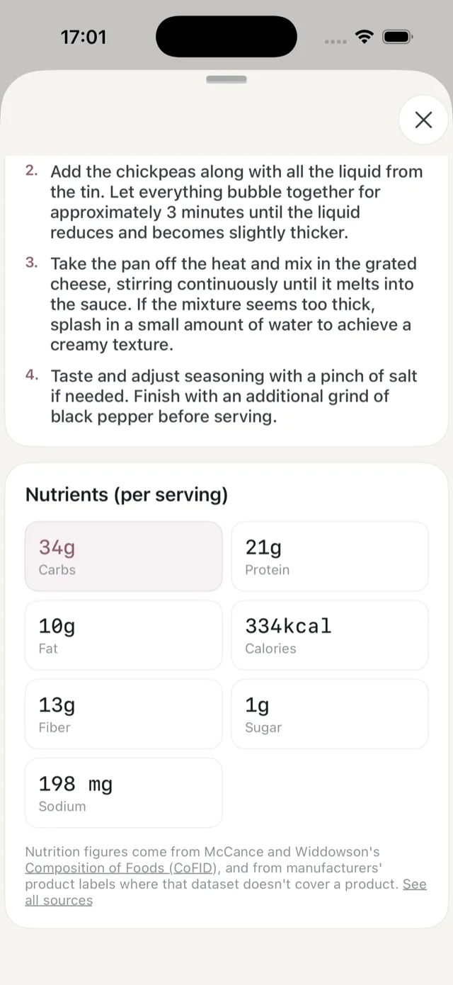 The nutrients panel for a meal, listing carbs, protein, fat, calories, fibre, sugar and sodium