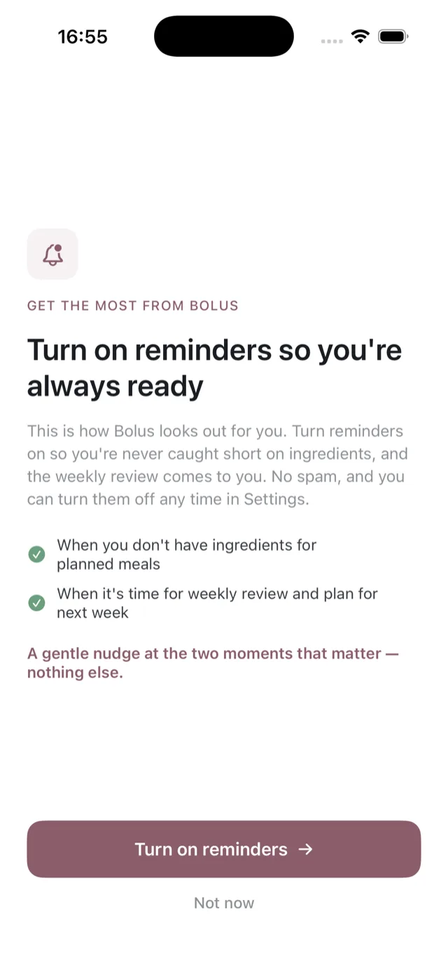 The reminders screen, explaining the two notifications Bolus sends