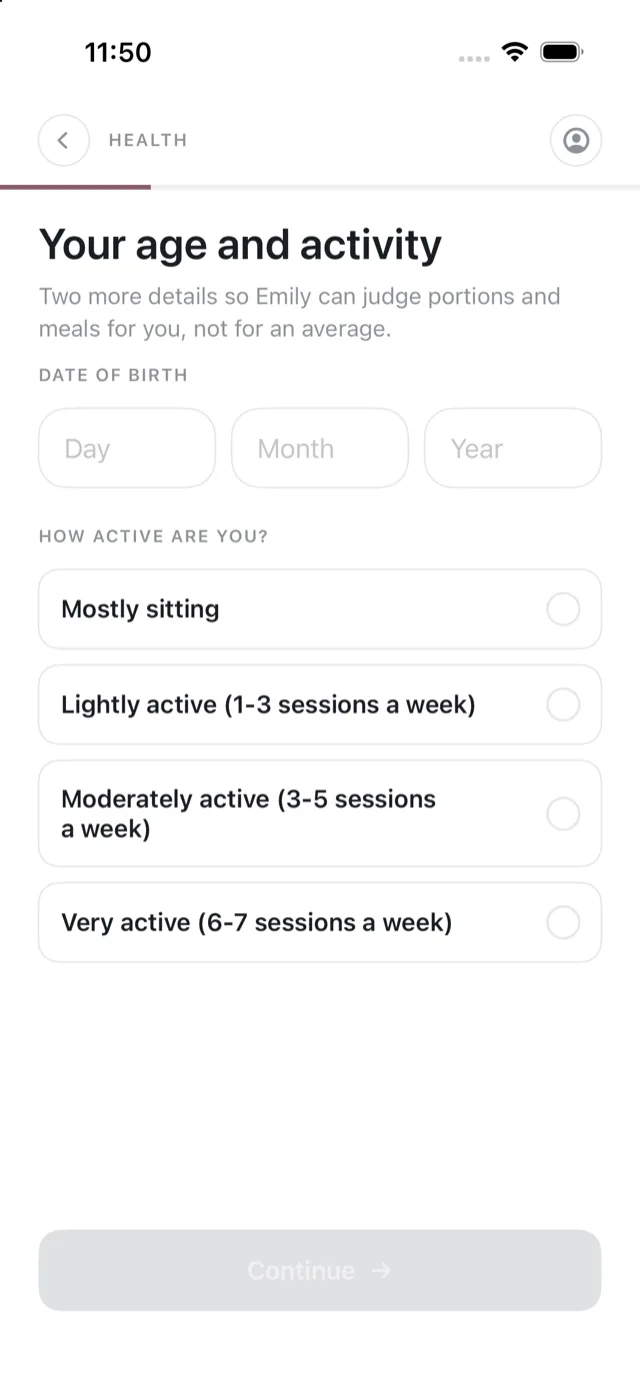 The age and activity screen, with the date of birth boxes and four activity levels