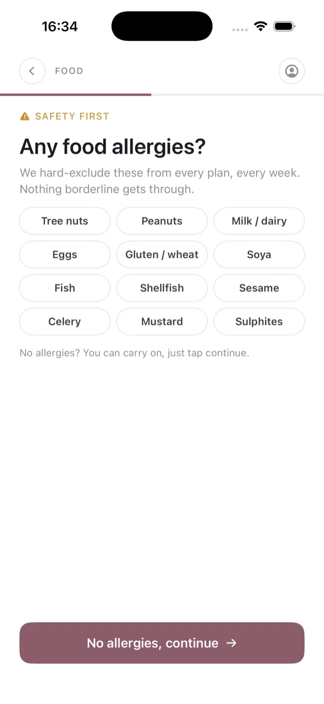 The allergies screen from setup, listing the common allergens