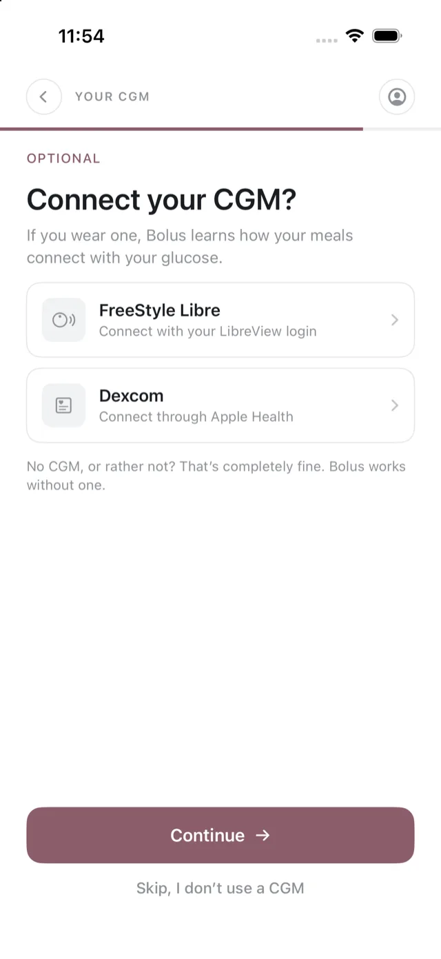 The CGM step, offering FreeStyle Libre and Dexcom, with a skip link