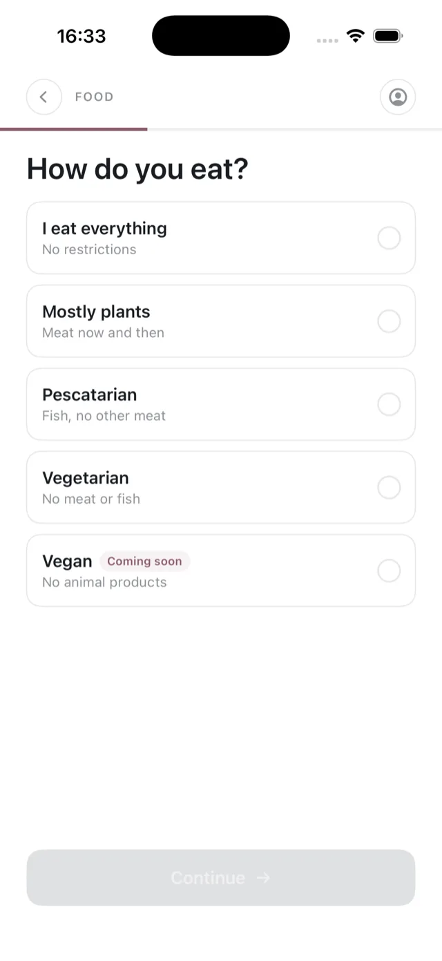 The diet pattern screen, with its five options