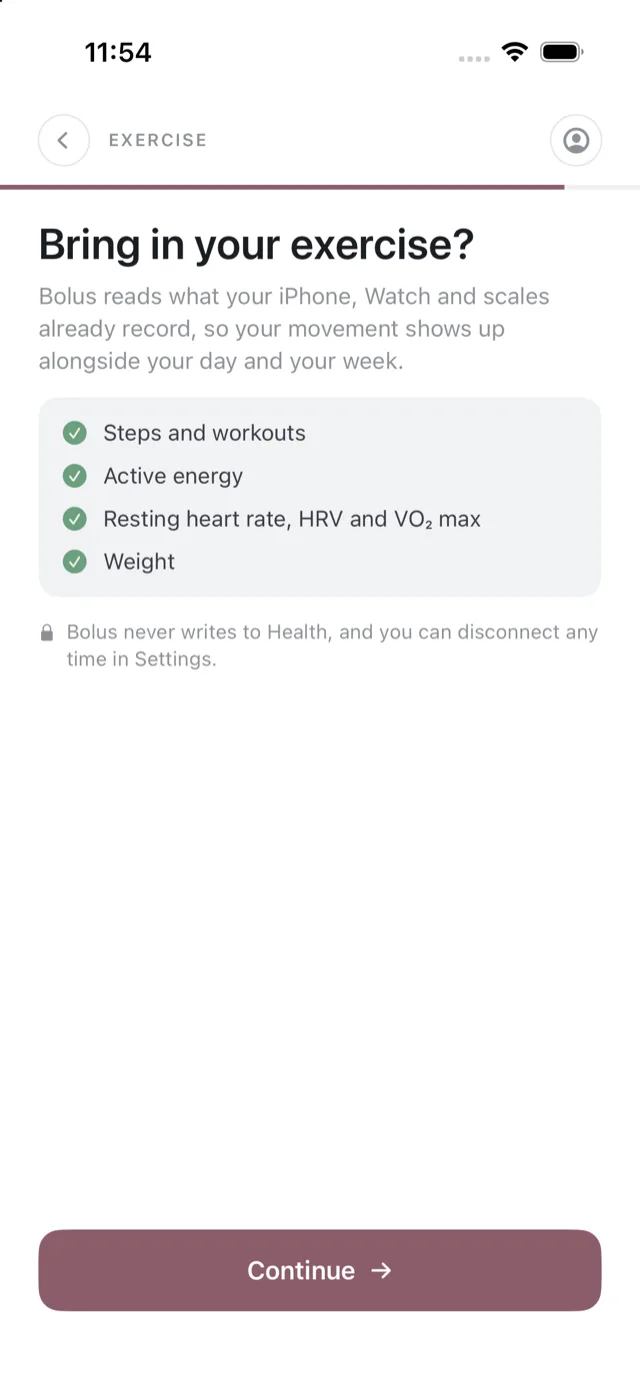 The exercise step, listing what Bolus reads from Apple Health