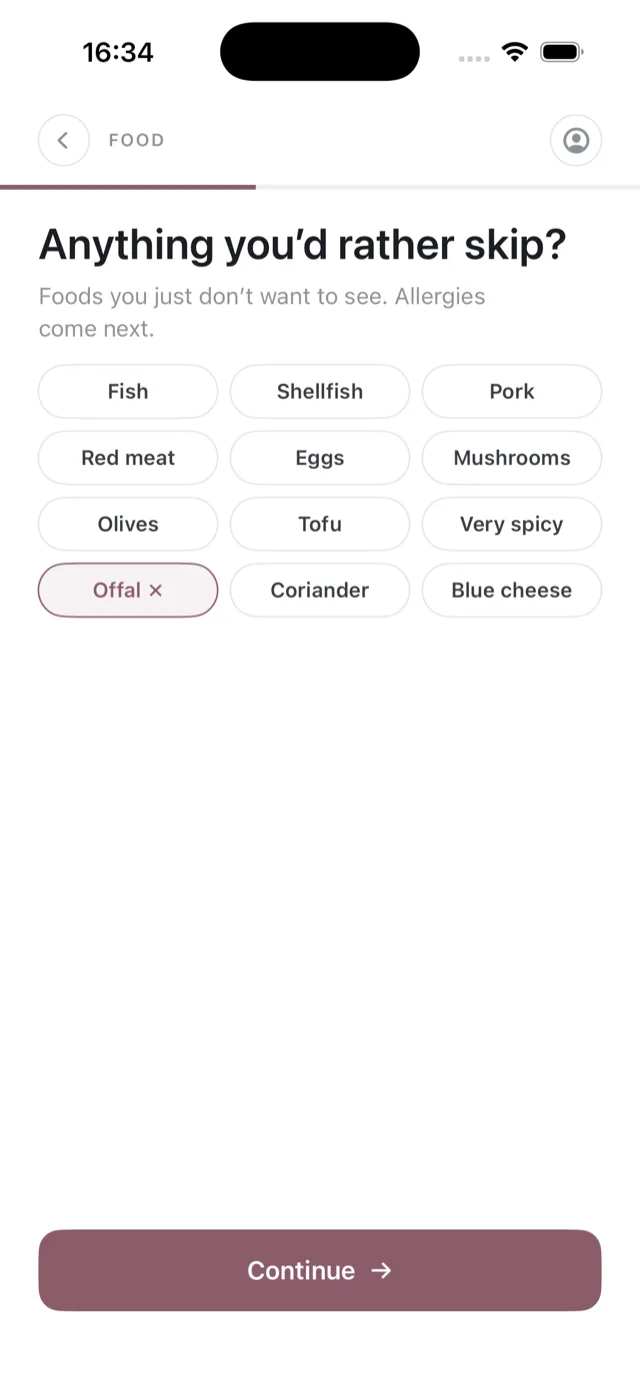 The foods to skip screen, with chips for common dislikes