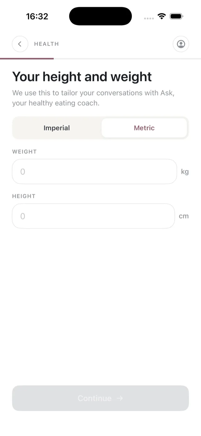 The height and weight screen with its metric and imperial toggle
