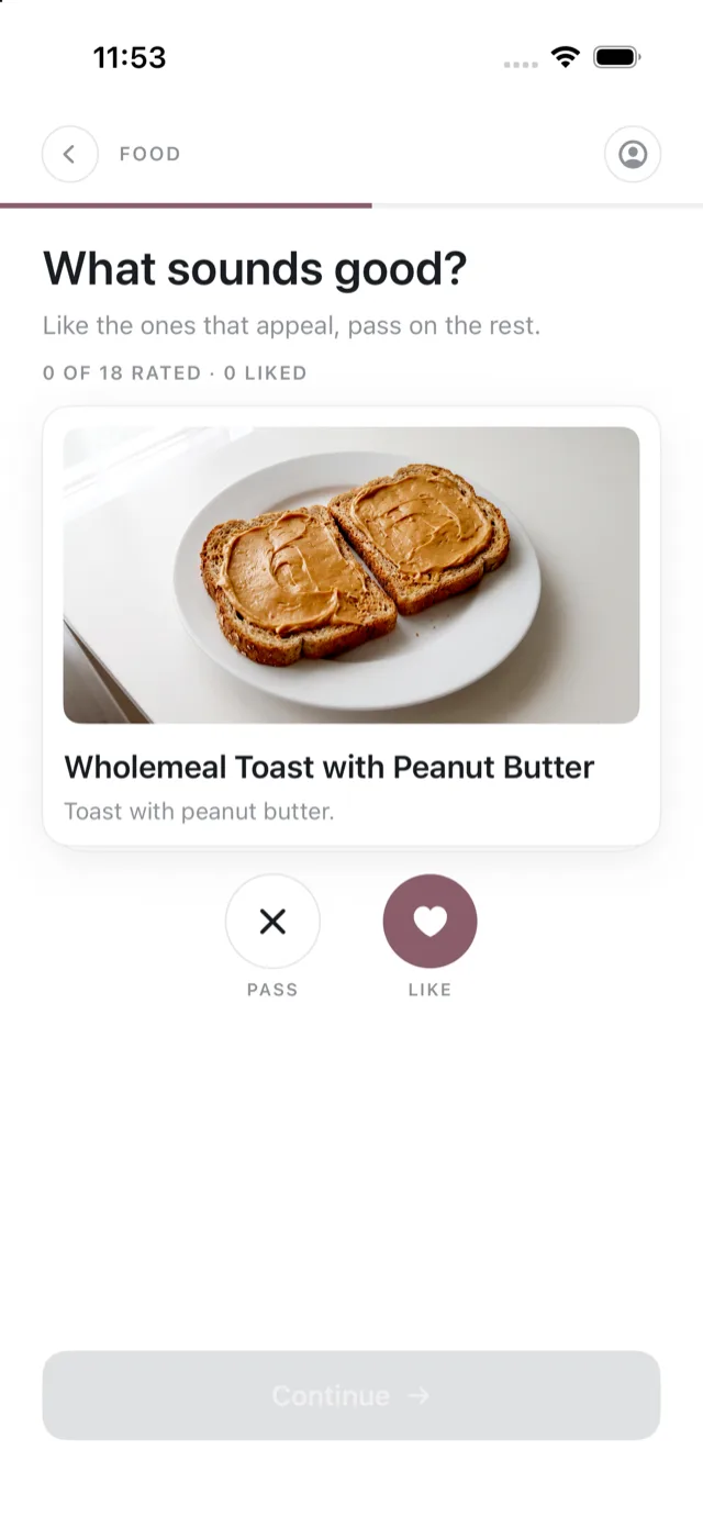 The taste sampler, showing a meal card with Pass and Like buttons