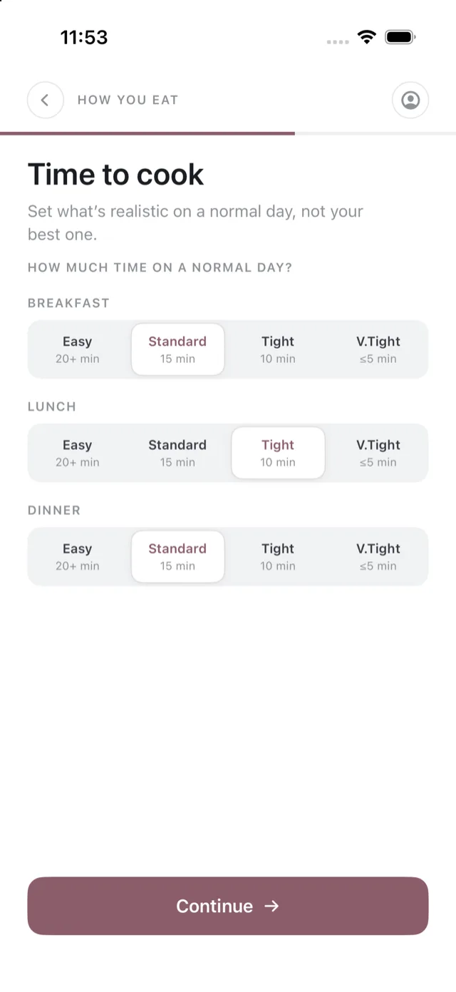 The time to cook screen, with four effort levels for each meal