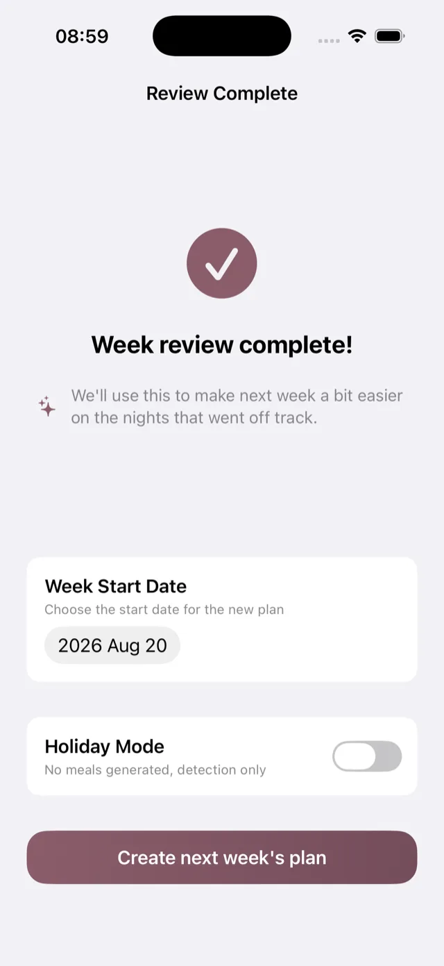 The end of the weekly review, with the start date picker and the holiday mode toggle