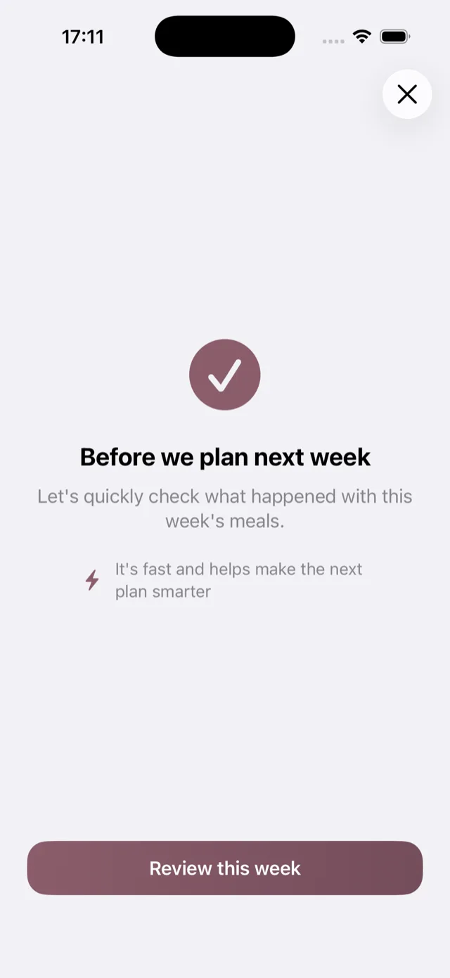 The weekly review prompt, offering to check what happened with the week's meals