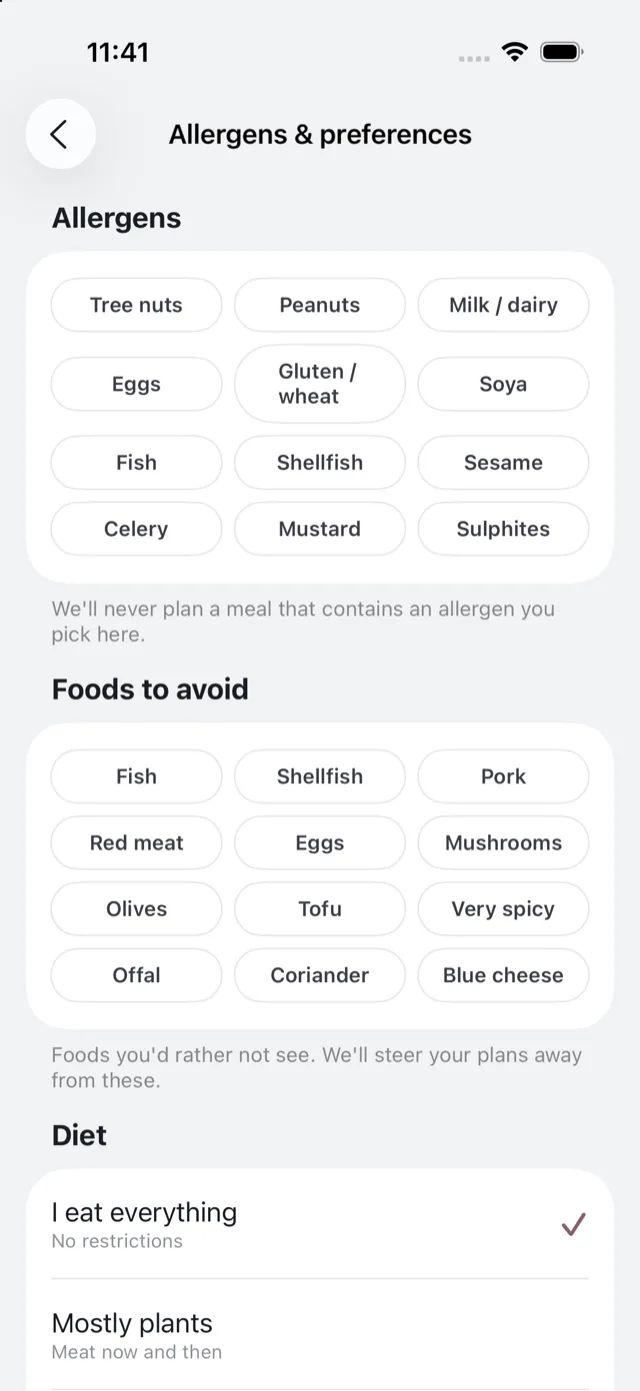 The Allergens & preferences screen in Settings