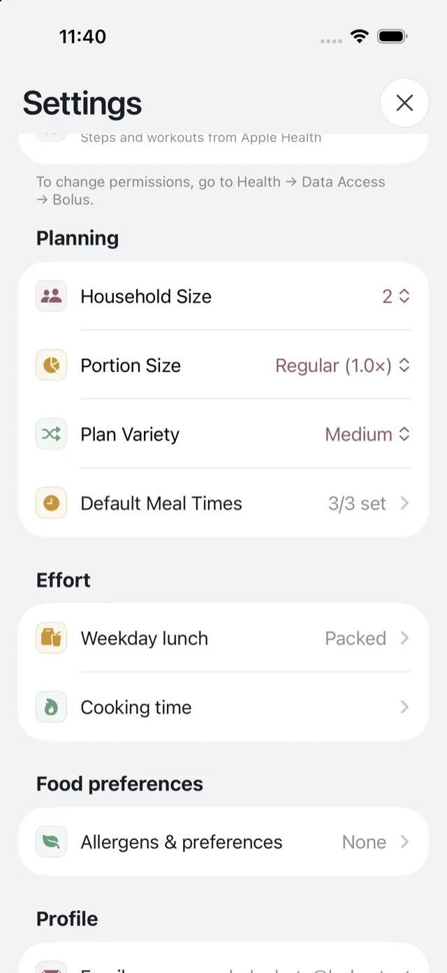 The planning and effort sections of Settings
