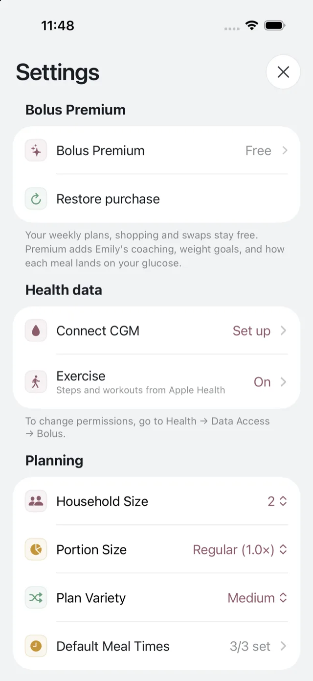 The Bolus Premium row in Settings on the free tier