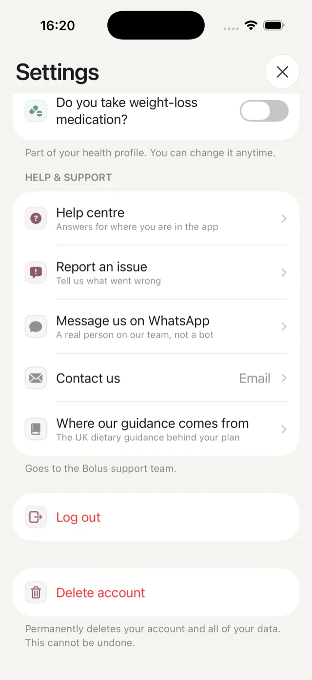 The support section of Settings, with the help centre, report an issue, WhatsApp and contact options