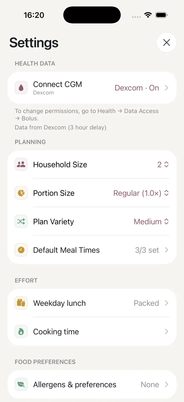 The top of Settings, showing health data and planning options