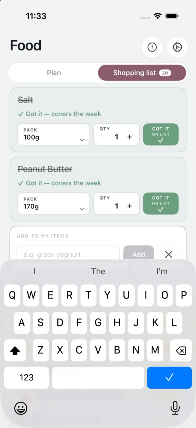 The Add to my items field at the foot of the shopping list
