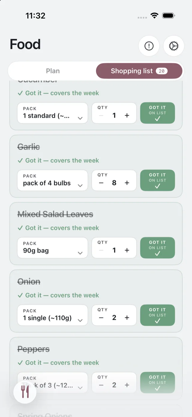 Items already ticked off, shown under Bought