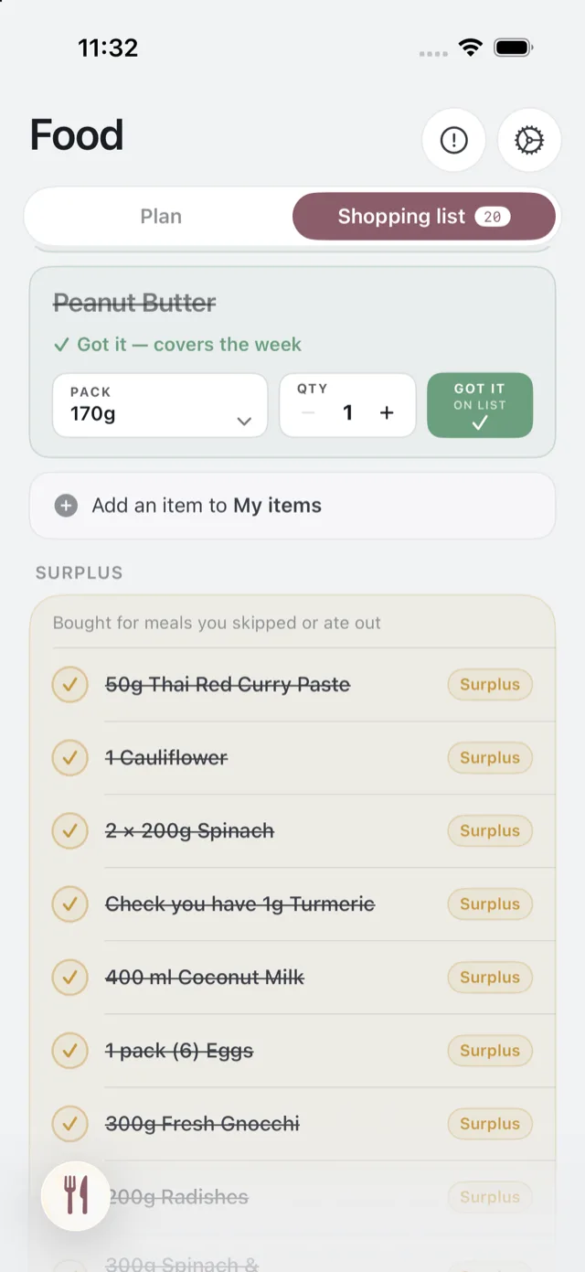 The Surplus section at the foot of the shopping list