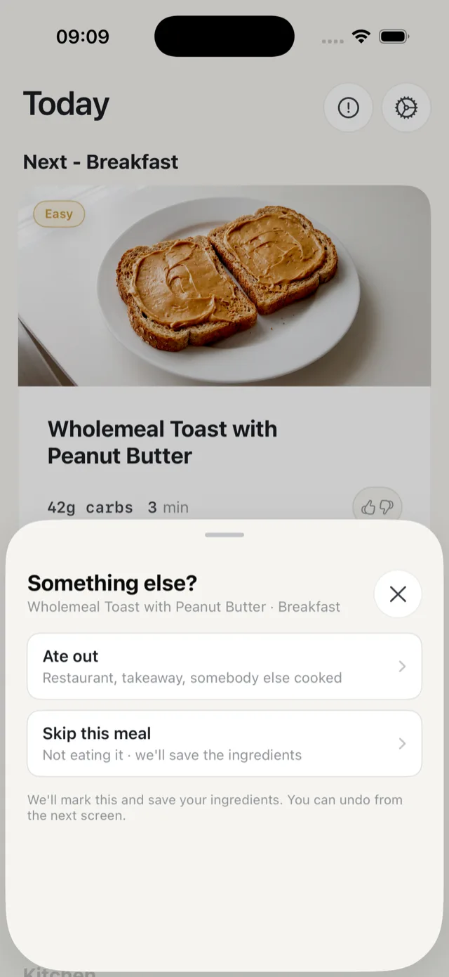 The Something else sheet, offering Ate out and Skip this meal