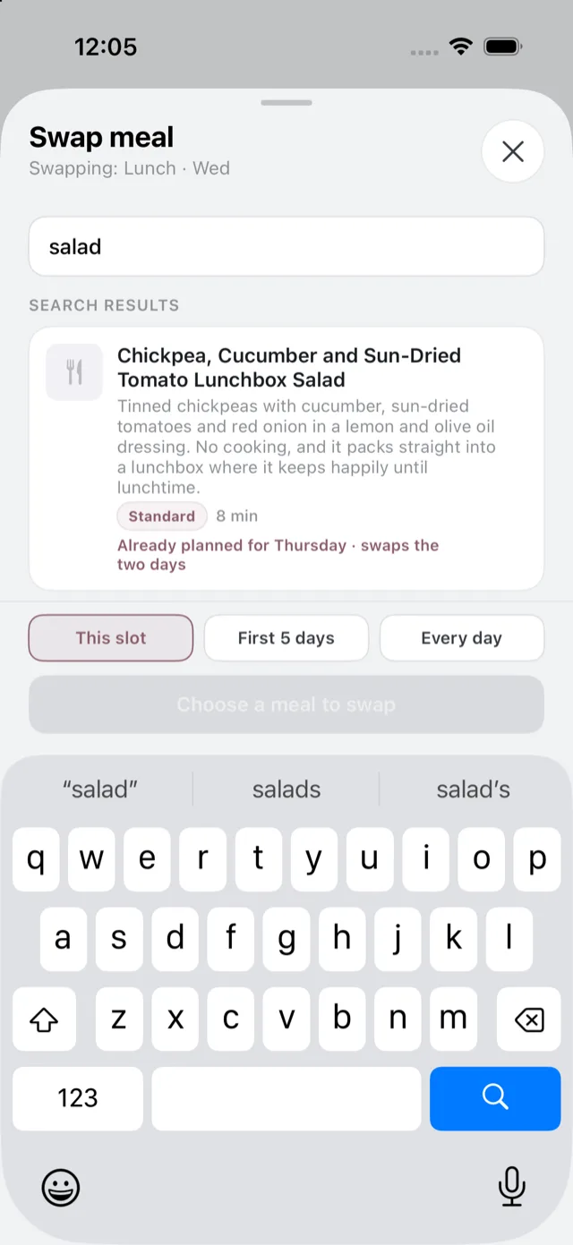 The swap sheet, with a search box and meals grouped by whether you have the ingredients