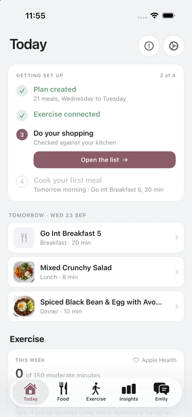 The Today tab on the first day, with the getting set up checklist and tomorrow's meals underneath