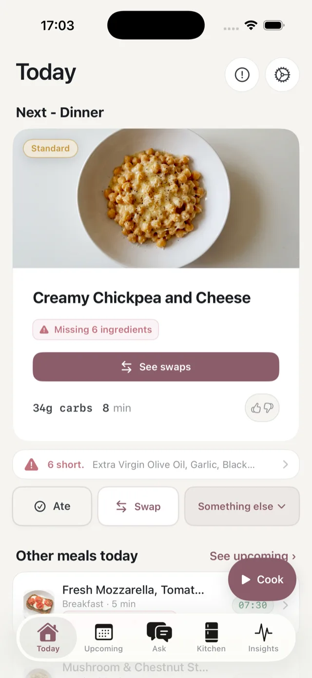 The Today card showing a missing ingredients warning, and the sheet offering faster options