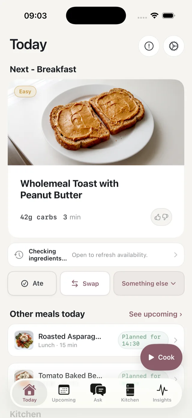 The Today tab, showing the next meal with its photo, carbs, cooking time and the Cook button