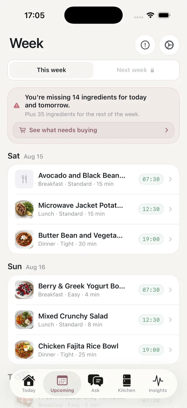 The Upcoming tab, showing days laid out with meal rows and planned times